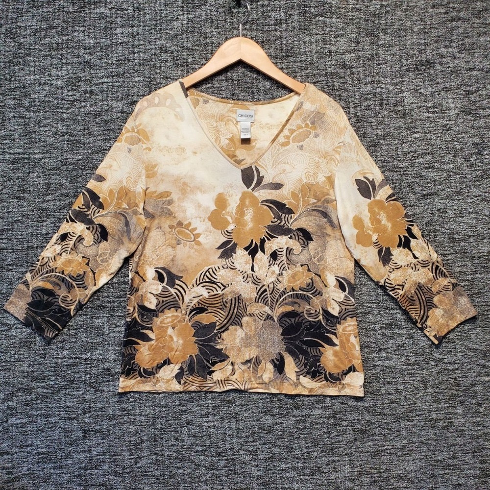 Chicos Floral Top Womens Large Tan Brown Rayon Stretch Earthy Boho Casual Blouse